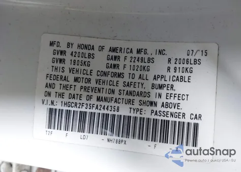 2015 Honda Accord Lx из США, поврежденный, VIN 1HGCR2F35FA244358